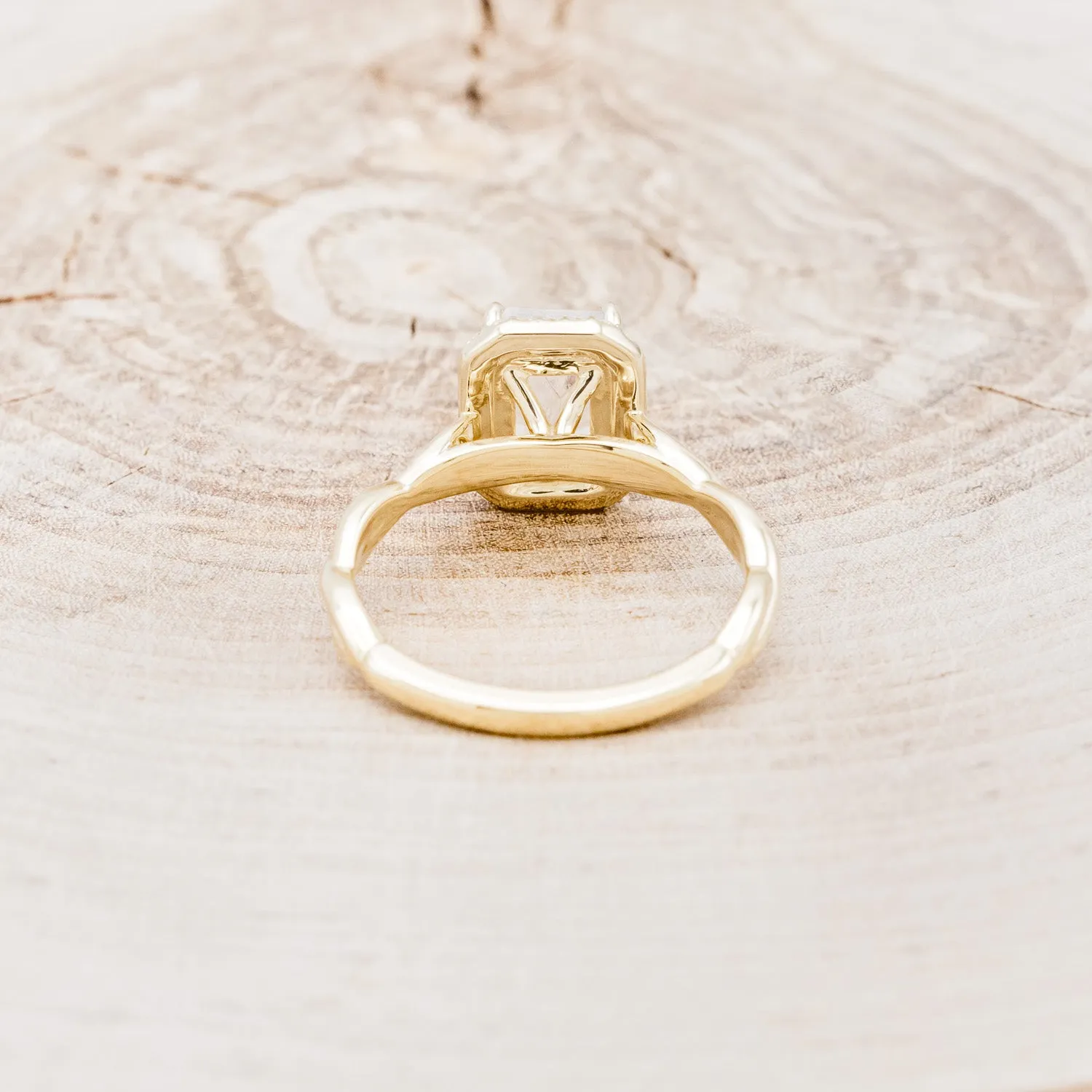 "EVERLEIGH" - EMERALD CUT MOONSTONE ENGAGEMENT RING WITH DIAMOND HALO & WOVEN STACKING BAND