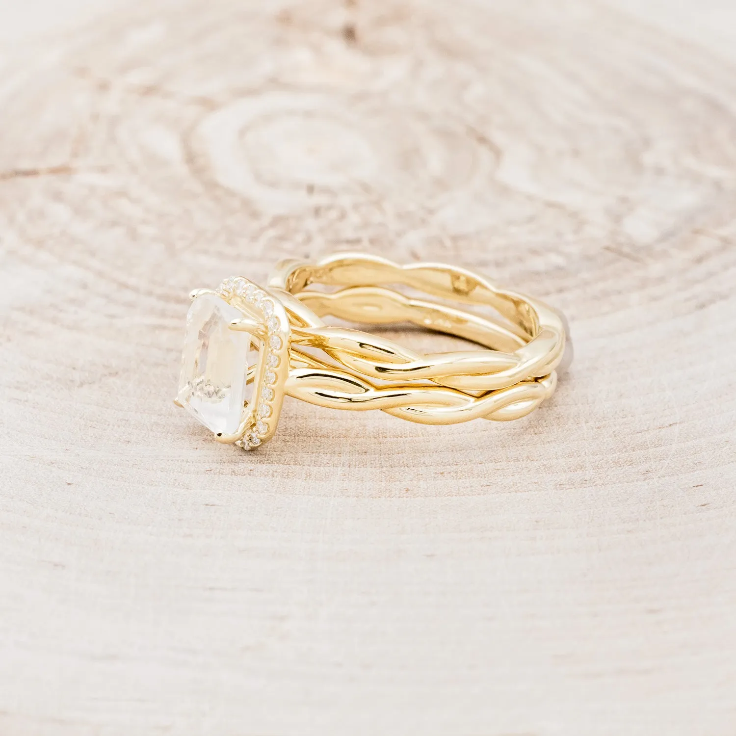 "EVERLEIGH" - EMERALD CUT MOONSTONE ENGAGEMENT RING WITH DIAMOND HALO & WOVEN STACKING BAND