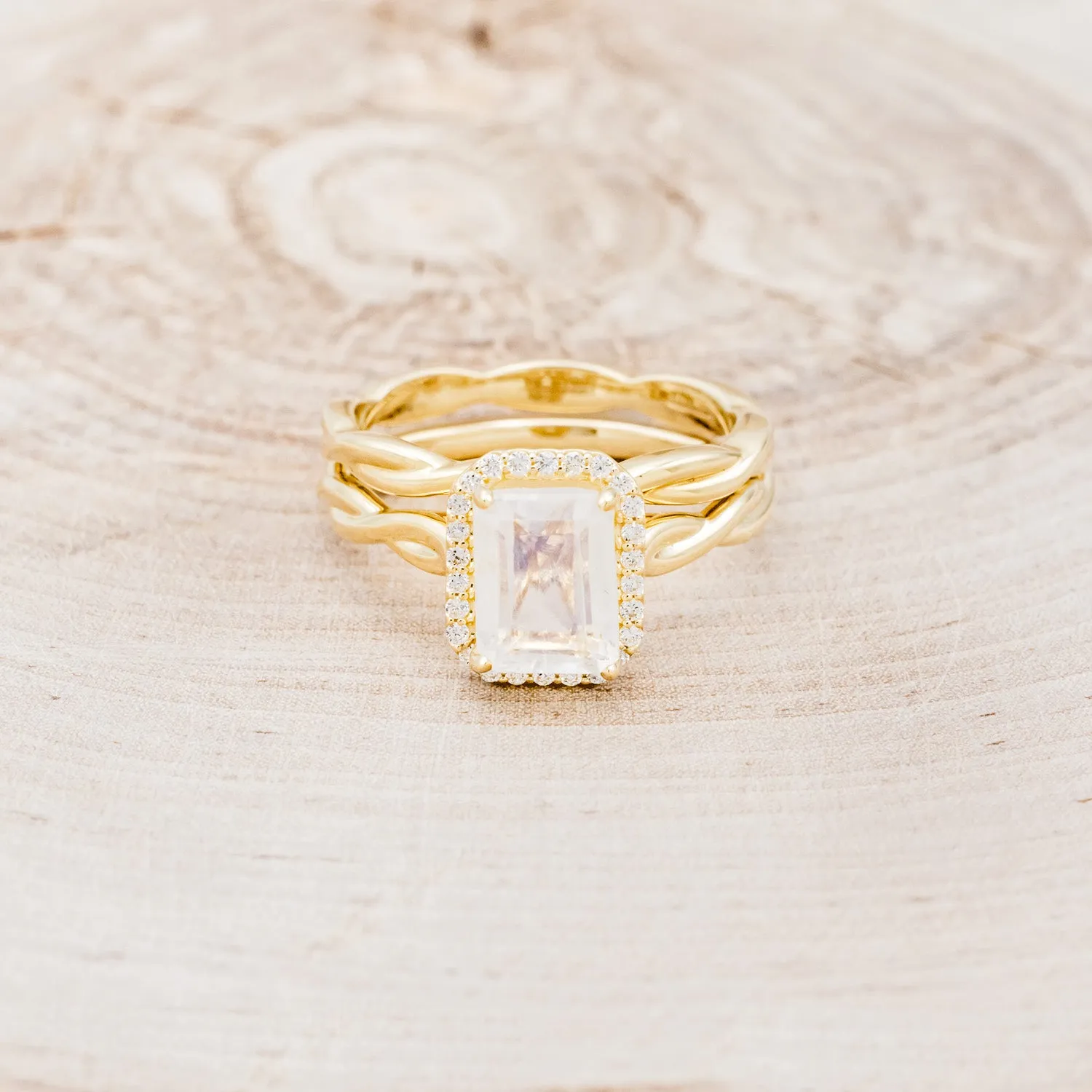 "EVERLEIGH" - EMERALD CUT MOONSTONE ENGAGEMENT RING WITH DIAMOND HALO & WOVEN STACKING BAND