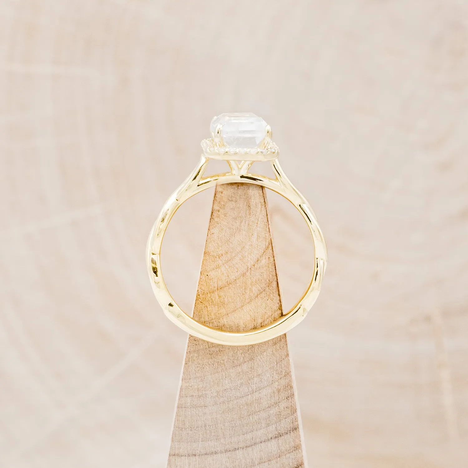 "EVERLEIGH" - EMERALD CUT MOONSTONE ENGAGEMENT RING WITH DIAMOND HALO & WOVEN STACKING BAND