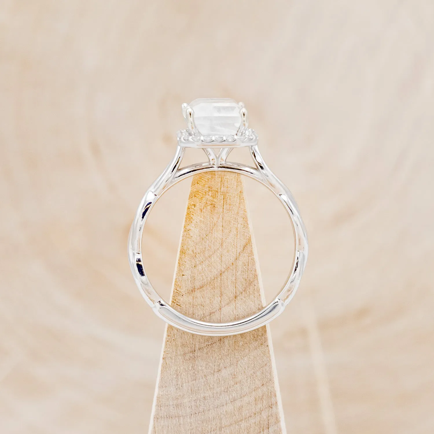 "EVERLEIGH" - EMERALD CUT MOONSTONE ENGAGEMENT RING WITH DIAMOND HALO & WOVEN STACKING BAND
