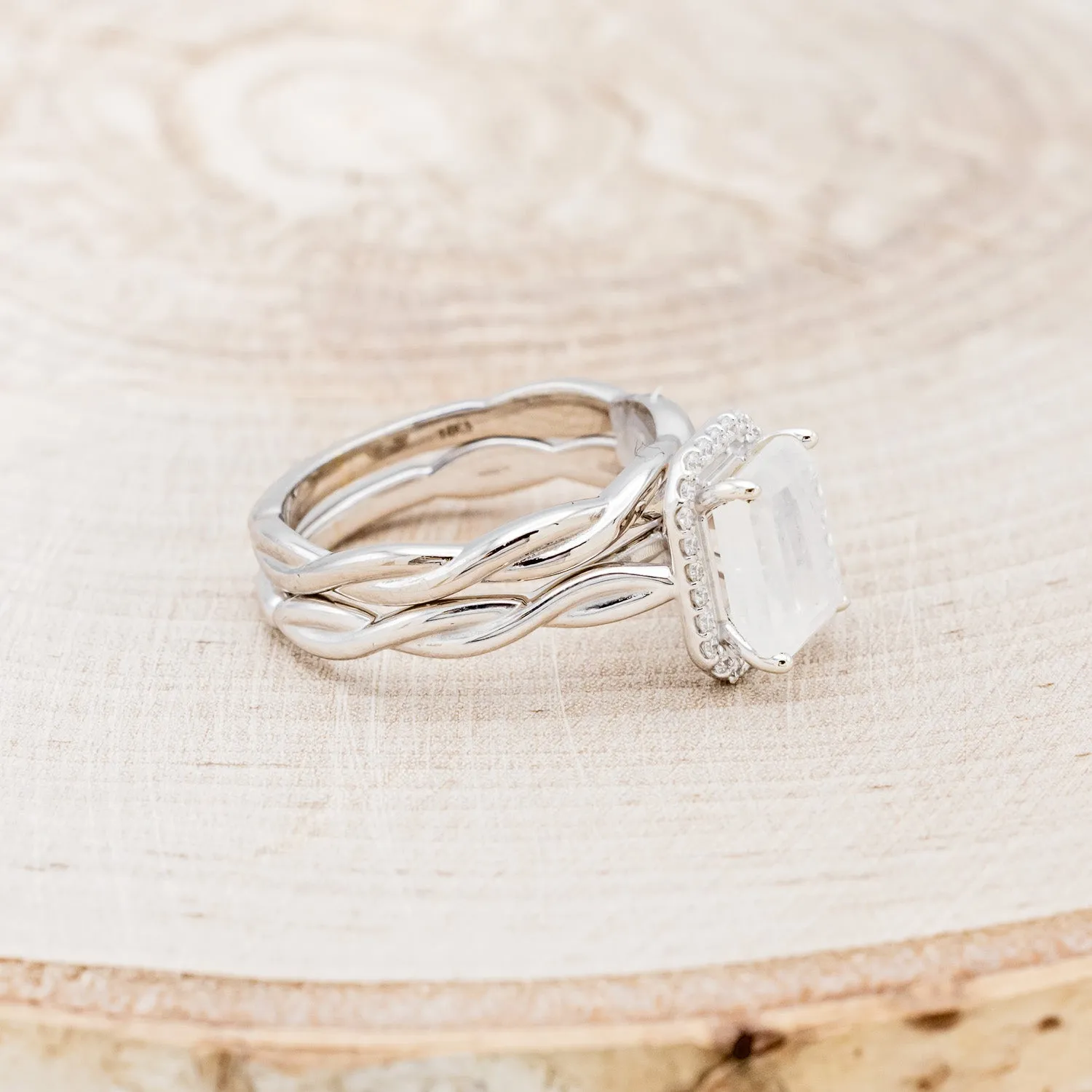 "EVERLEIGH" - EMERALD CUT MOONSTONE ENGAGEMENT RING WITH DIAMOND HALO & WOVEN STACKING BAND