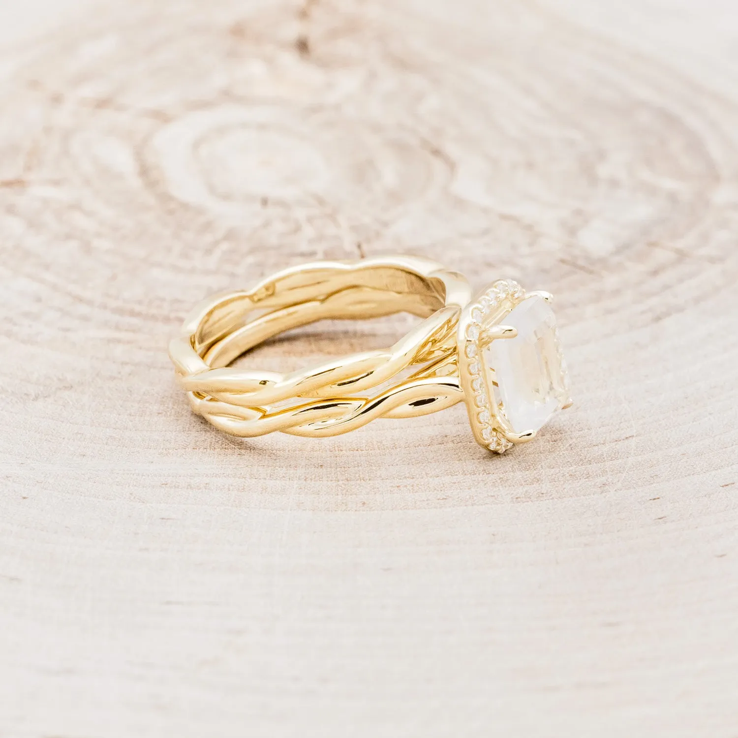 "EVERLEIGH" - EMERALD CUT MOONSTONE ENGAGEMENT RING WITH DIAMOND HALO & WOVEN STACKING BAND