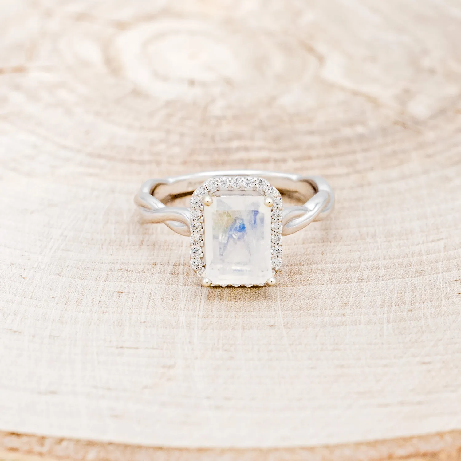 "EVERLEIGH" - EMERALD CUT MOONSTONE ENGAGEMENT RING WITH DIAMOND HALO & WOVEN STACKING BAND