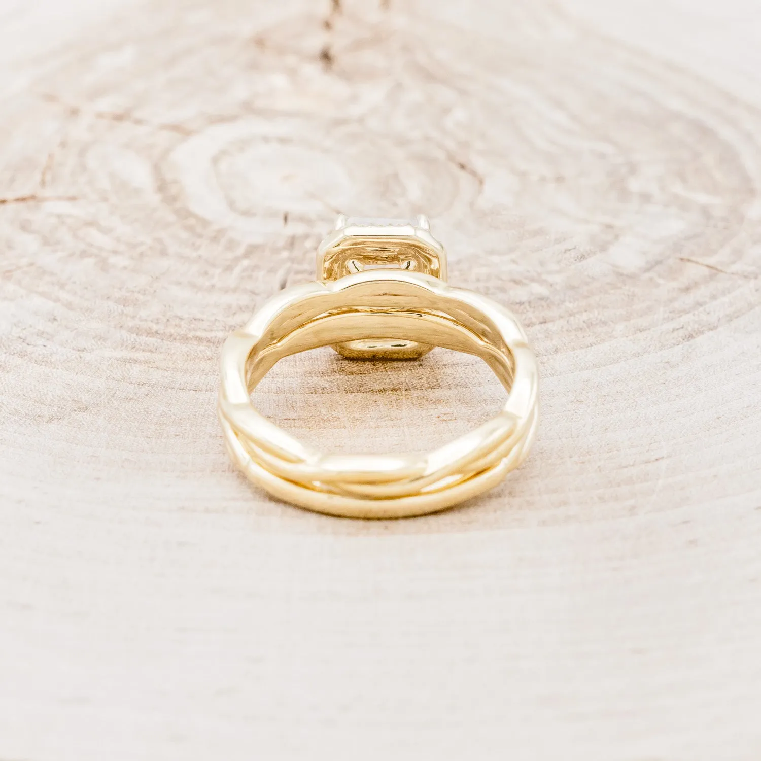 "EVERLEIGH" - EMERALD CUT MOONSTONE ENGAGEMENT RING WITH DIAMOND HALO & WOVEN STACKING BAND