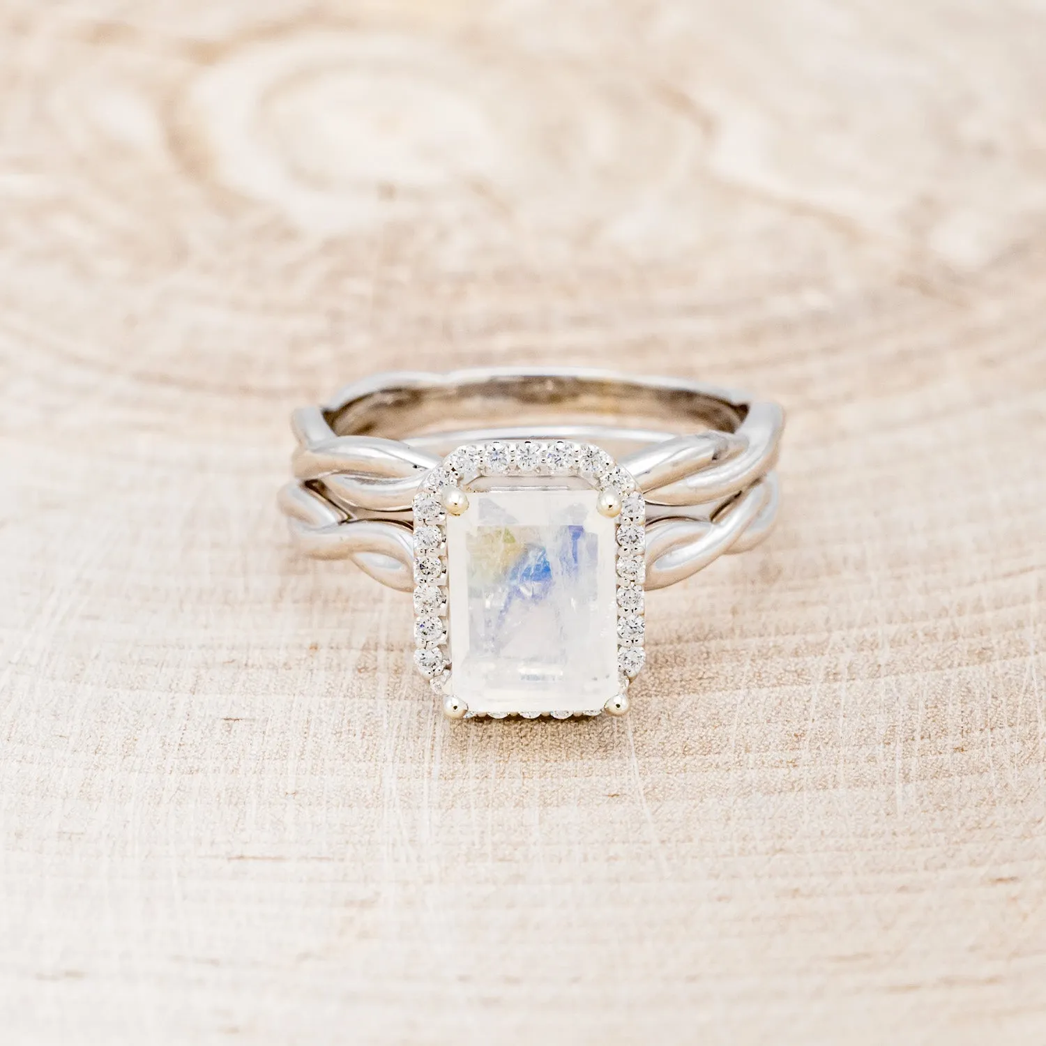 "EVERLEIGH" - EMERALD CUT MOONSTONE ENGAGEMENT RING WITH DIAMOND HALO & WOVEN STACKING BAND