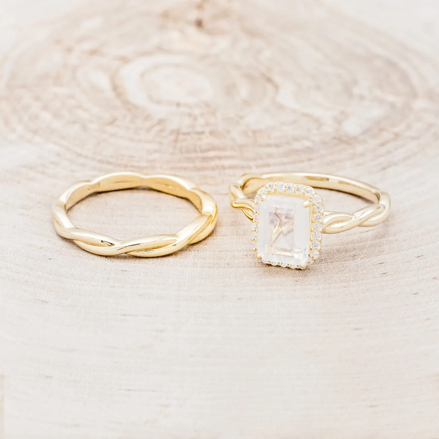 "EVERLEIGH" - EMERALD CUT MOONSTONE ENGAGEMENT RING WITH DIAMOND HALO & WOVEN STACKING BAND