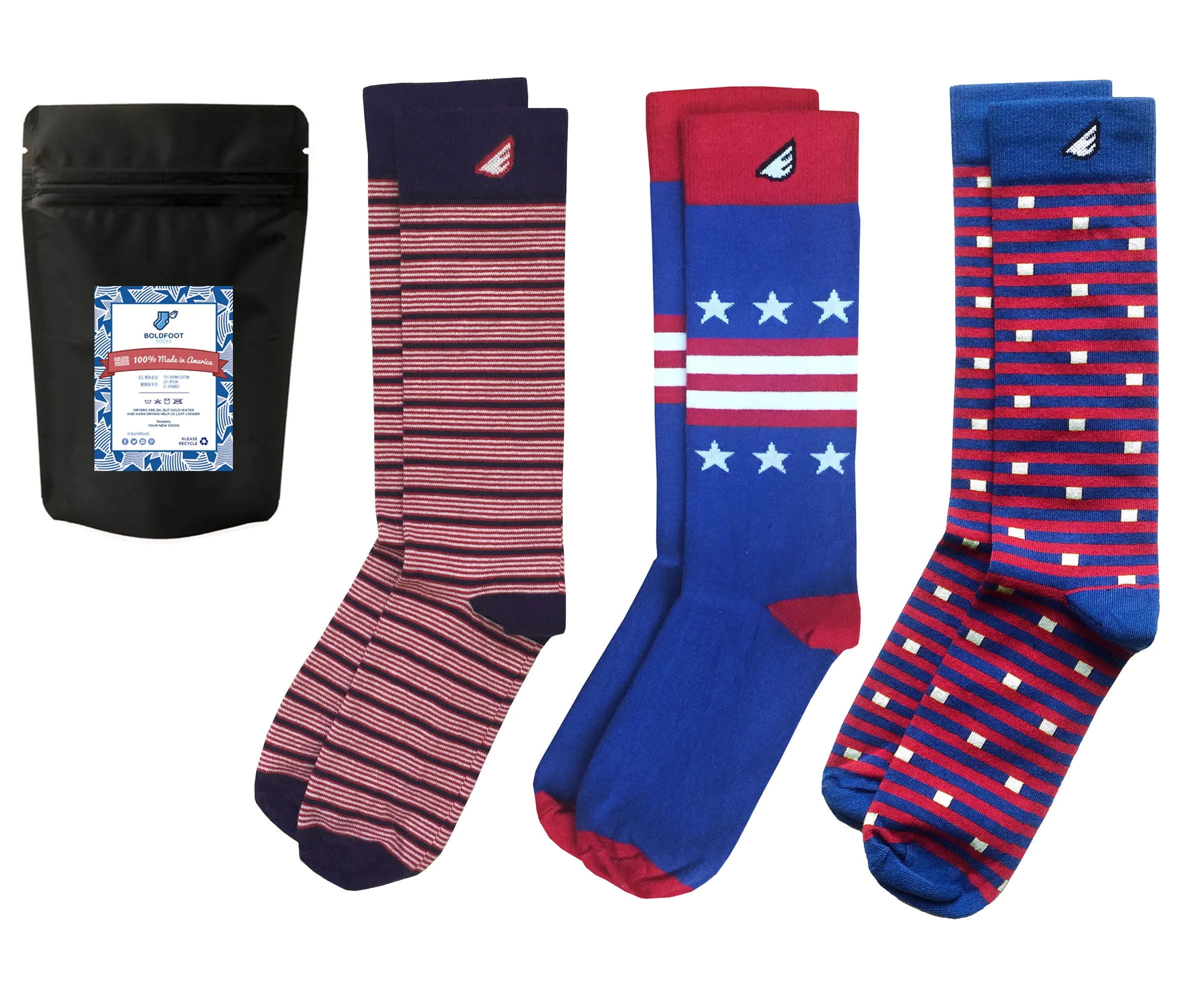 "Red White & Blue" 3-Pack Socks. American Made Gift Bundle