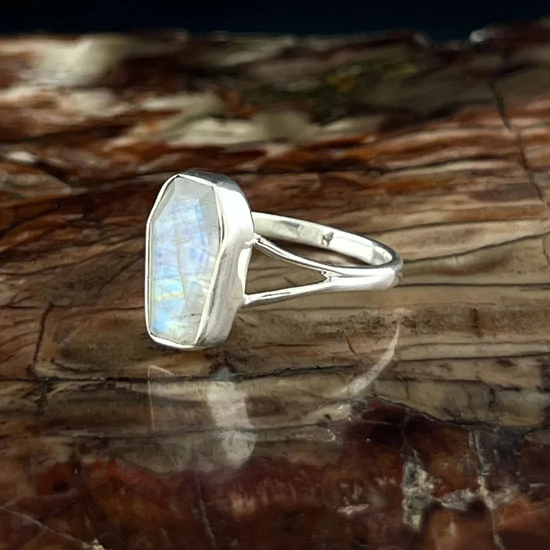 Rainbow Moonstone Coffin Ring Sterling Silver