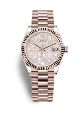 Rolex Datejust 31 Mother of Pearl Butterfly Diamond Pave Dial Ladies 18kt Everose Gold President Watch 278275PAVEP