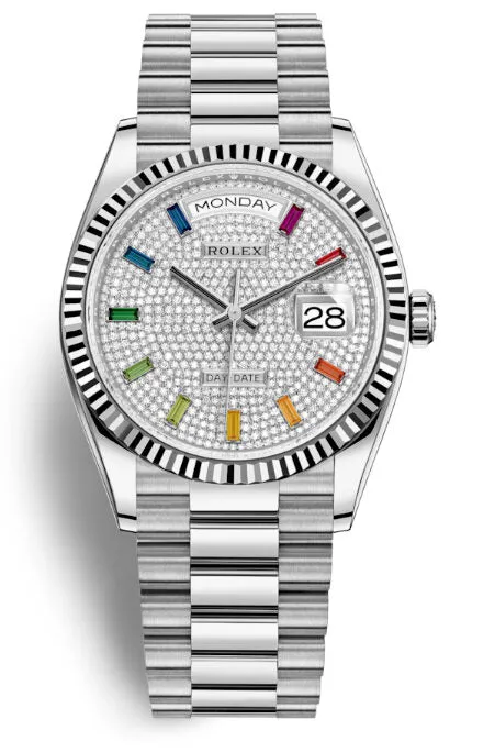 Rolex Day-Date 36 Automatic Diamond Pave Dial 18kt White Gold President Watch 128239SSP 128239DSP