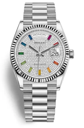 Rolex Day-Date 36 Automatic Diamond Pave Dial 18kt White Gold President Watch 128239SSP 128239DSP