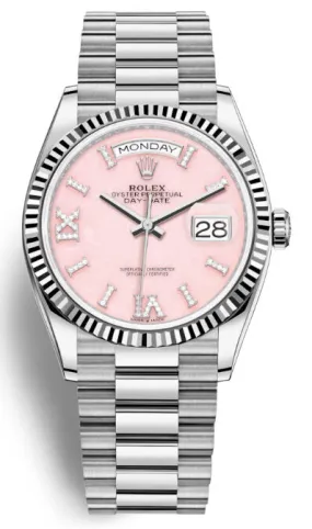 Rolex Day-Date 36 Automatic Pink Diamond Dial 18kt White Gold President Watch 128239PRSDP