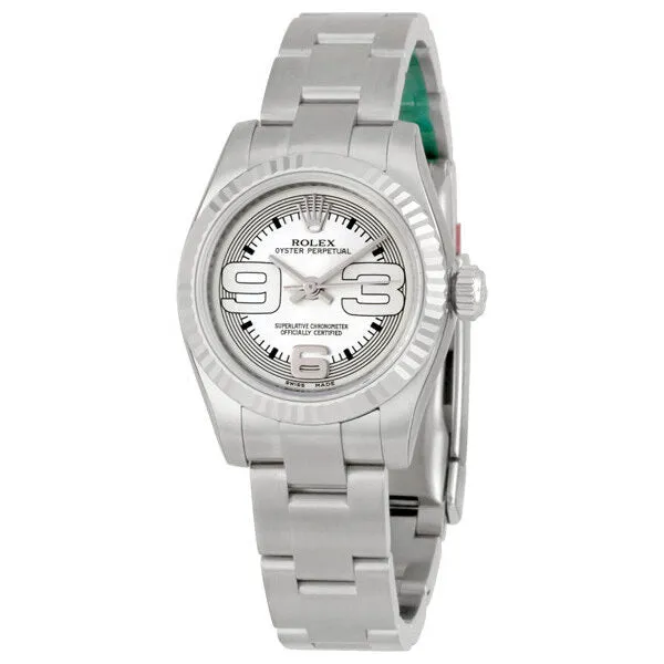 Rolex Lady Oyster Perpetual Silver Maxi Dial Fluted 18k White Gold Bezel Ladies Watch 176234SMAXI