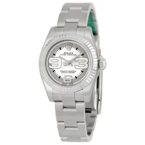 Rolex Lady Oyster Perpetual Silver Maxi Dial Fluted 18k White Gold Bezel Ladies Watch 176234SMAXI