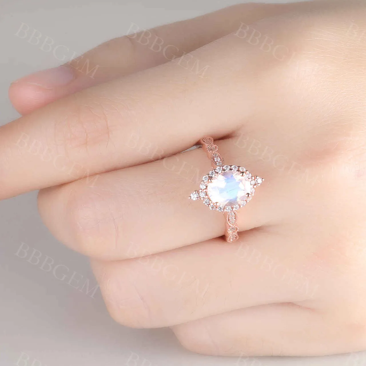 Rose Gold Moonstone Engagement Ring Vintage Floral Halo Diamond Promise Bridal Ring