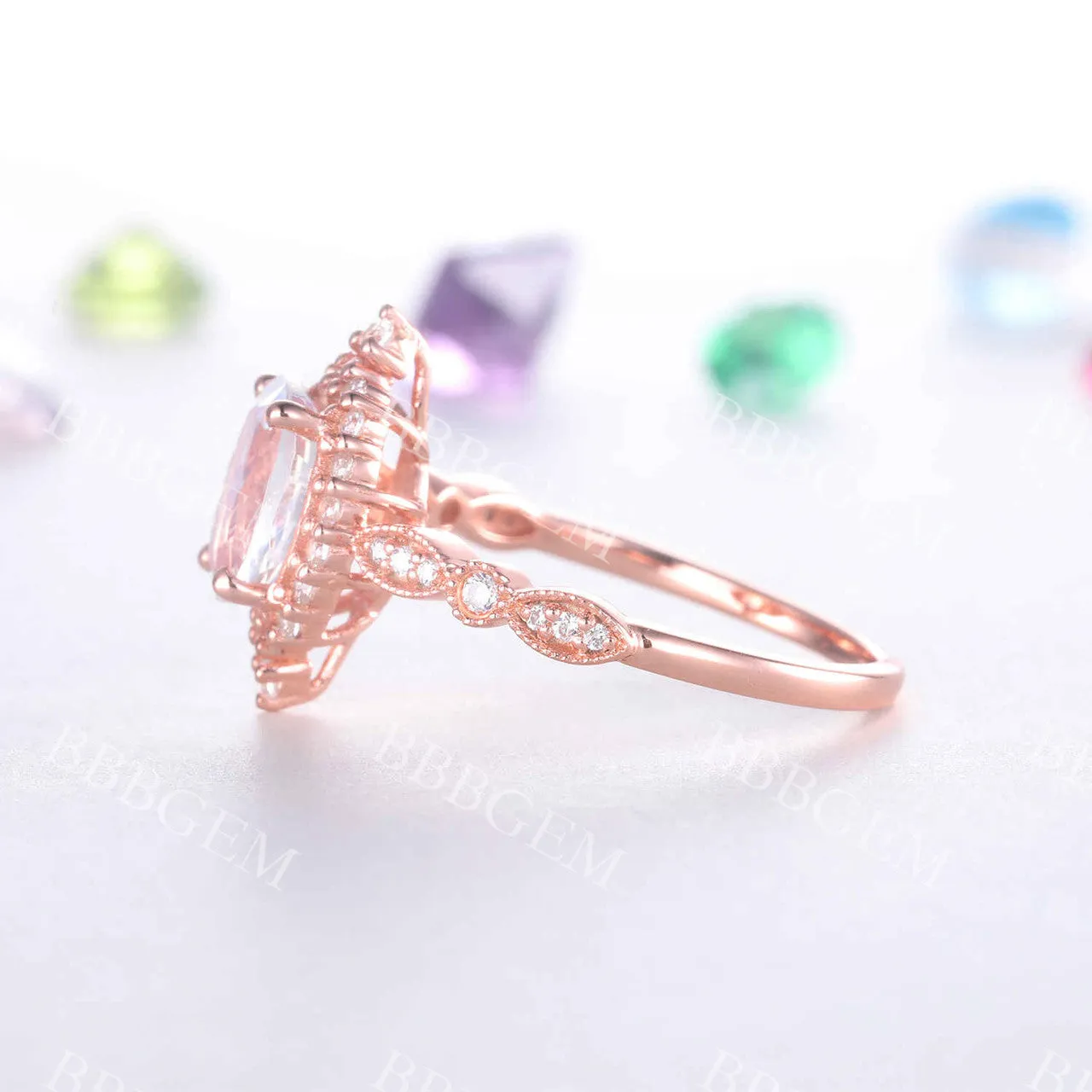 Rose Gold Moonstone Engagement Ring Vintage Floral Halo Diamond Promise Bridal Ring