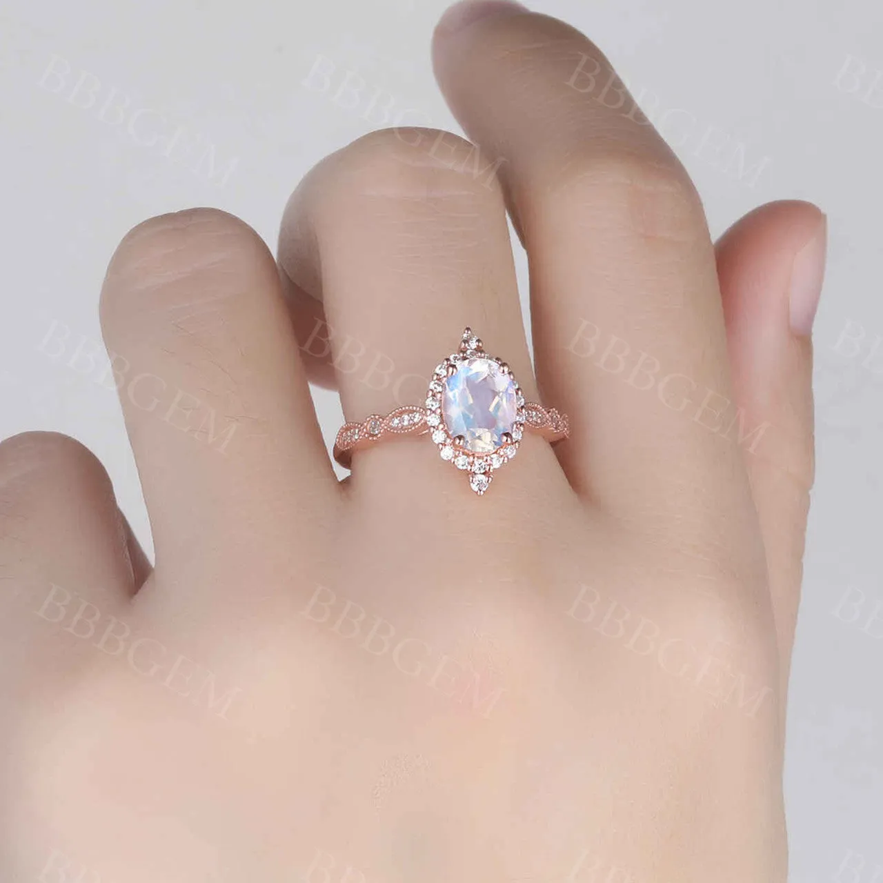 Rose Gold Moonstone Engagement Ring Vintage Floral Halo Diamond Promise Bridal Ring