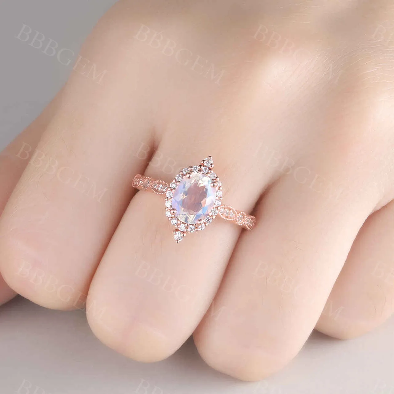 Rose Gold Moonstone Engagement Ring Vintage Floral Halo Diamond Promise Bridal Ring
