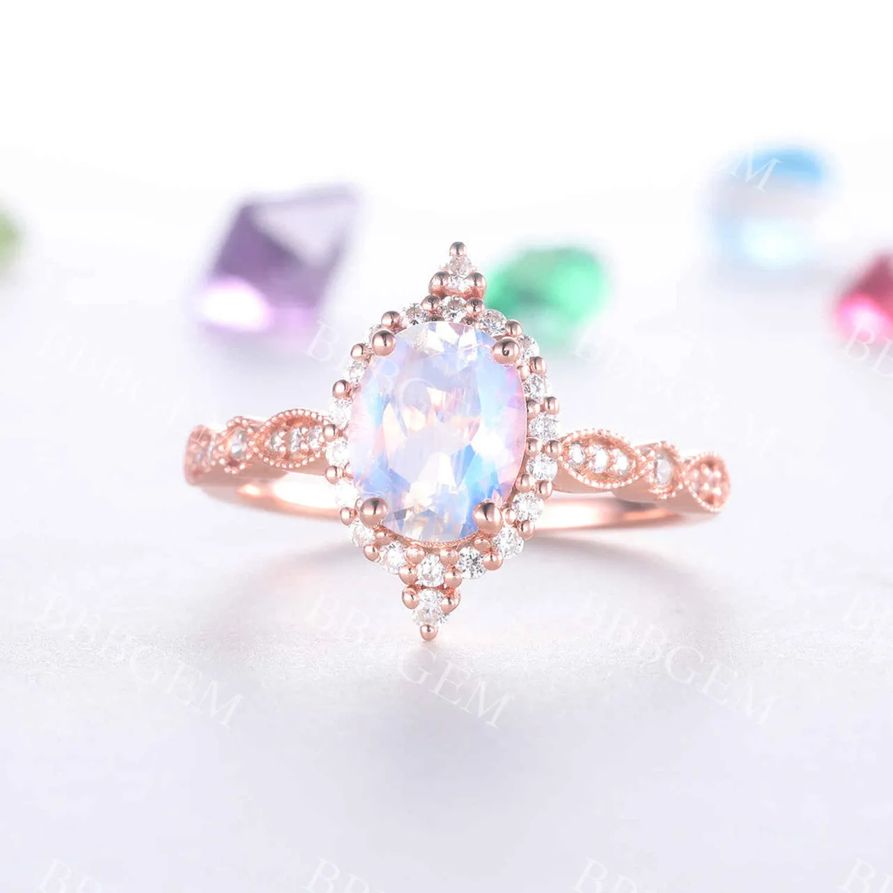 Rose Gold Moonstone Engagement Ring Vintage Floral Halo Diamond Promise Bridal Ring