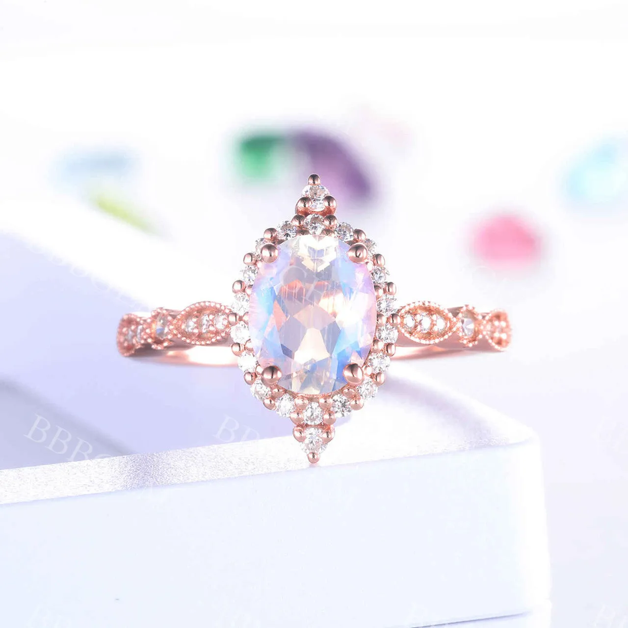 Rose Gold Moonstone Engagement Ring Vintage Floral Halo Diamond Promise Bridal Ring