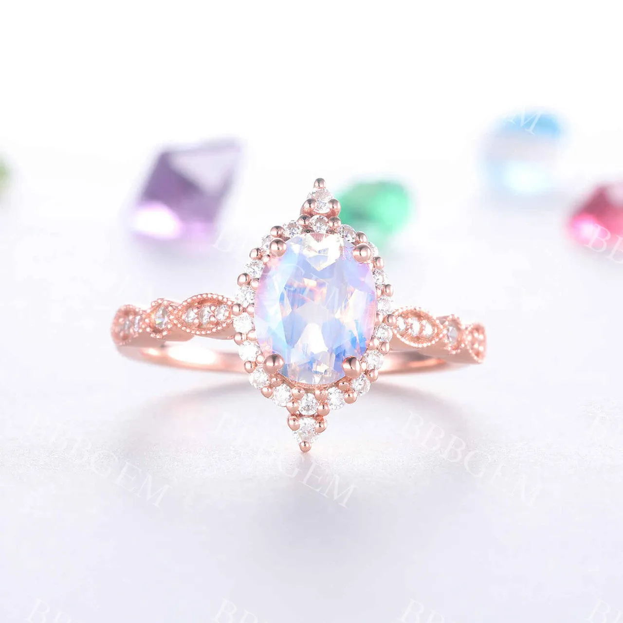 Rose Gold Moonstone Engagement Ring Vintage Floral Halo Diamond Promise Bridal Ring