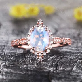 Rose Gold Moonstone Engagement Ring Vintage Floral Halo Diamond Promise Bridal Ring