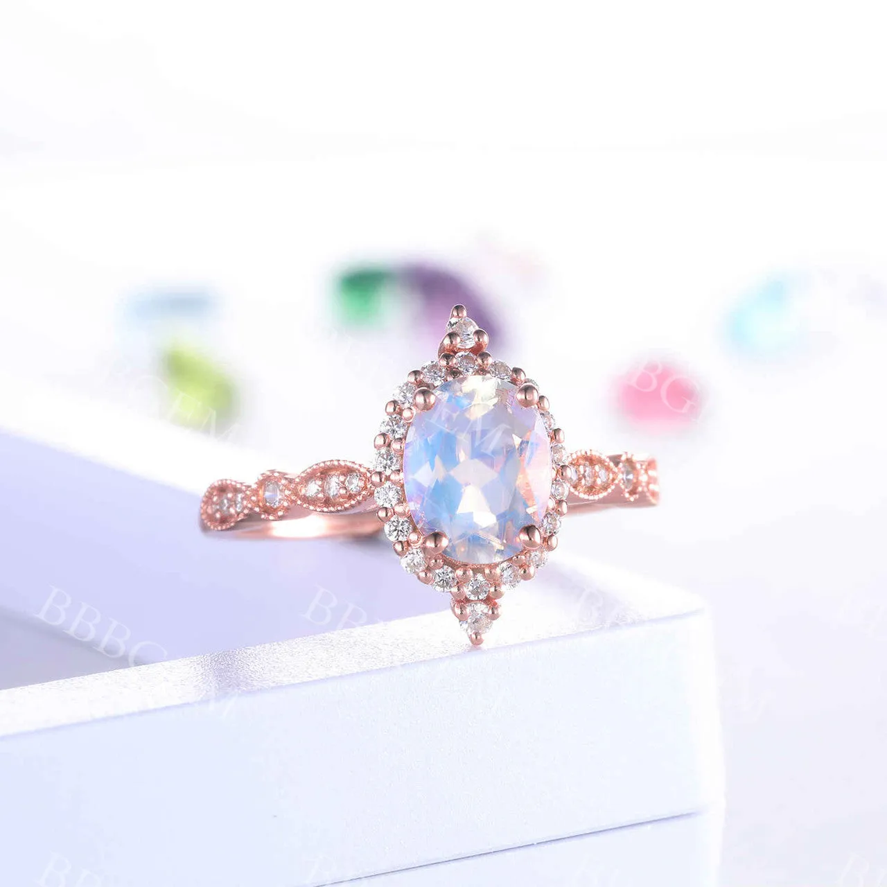 Rose Gold Moonstone Engagement Ring Vintage Floral Halo Diamond Promise Bridal Ring
