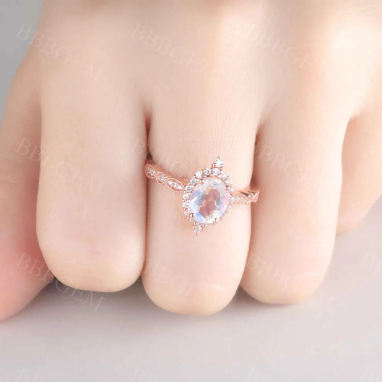 Rose Gold Moonstone Engagement Ring Vintage Floral Halo Diamond Promise Bridal Ring