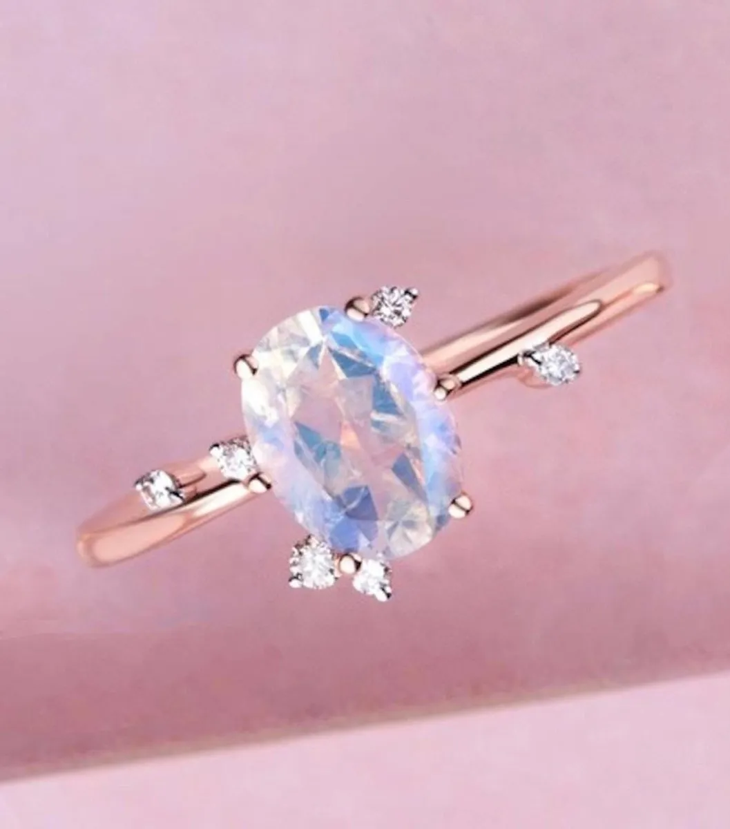 Rose Gold Moonstone Ring, Oval Shaped Leaf Ring, Rainbow Moonstone Wedding Band Anniversary Stone Gift For Her, 925 Sterling Silver Gemstone