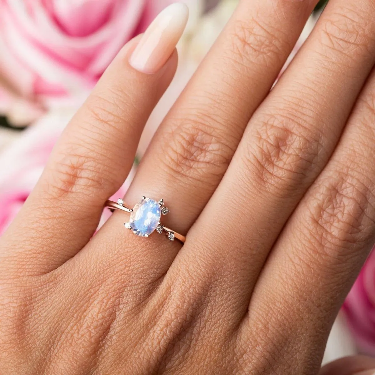 Rose Gold Moonstone Ring, Oval Shaped Leaf Ring, Rainbow Moonstone Wedding Band Anniversary Stone Gift For Her, 925 Sterling Silver Gemstone