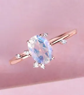 Rose Gold Moonstone Ring, Oval Shaped Leaf Ring, Rainbow Moonstone Wedding Band Anniversary Stone Gift For Her, 925 Sterling Silver Gemstone
