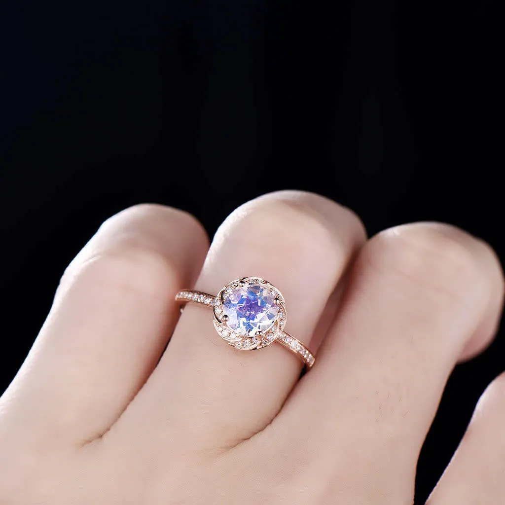 Rose Gold Natural Rainbow Moonstone Engagement Ring Halo Diamond Wedding Ring