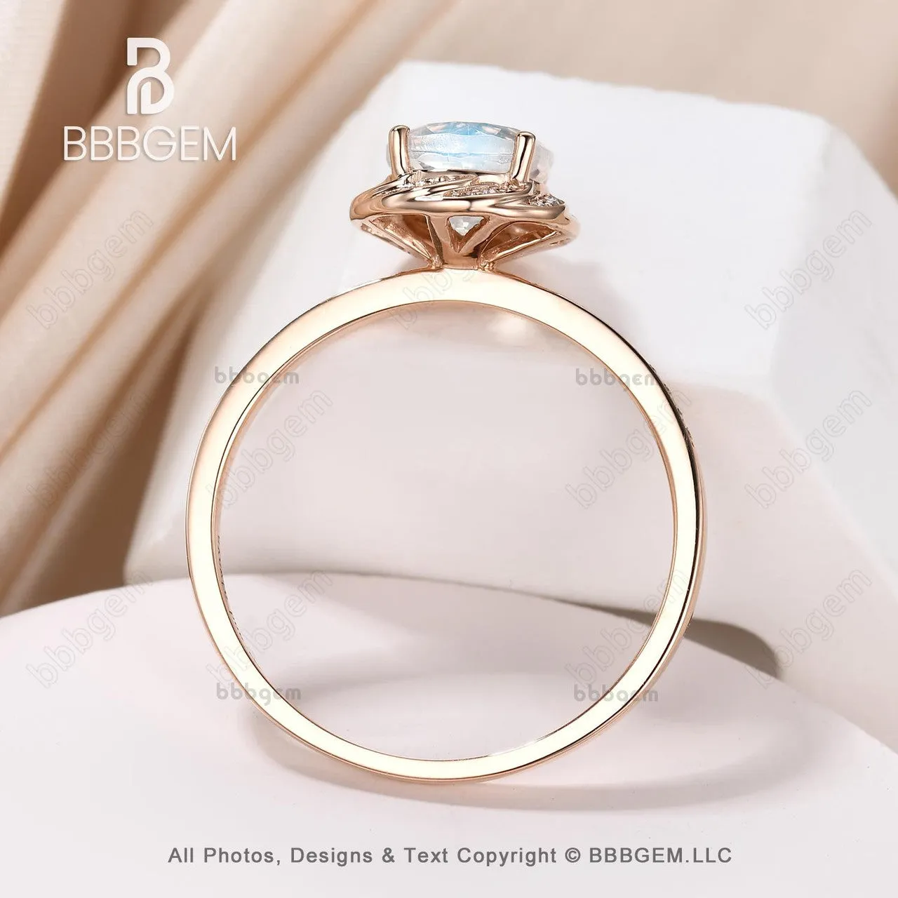 Rose Gold Natural Rainbow Moonstone Engagement Ring Halo Diamond Wedding Ring