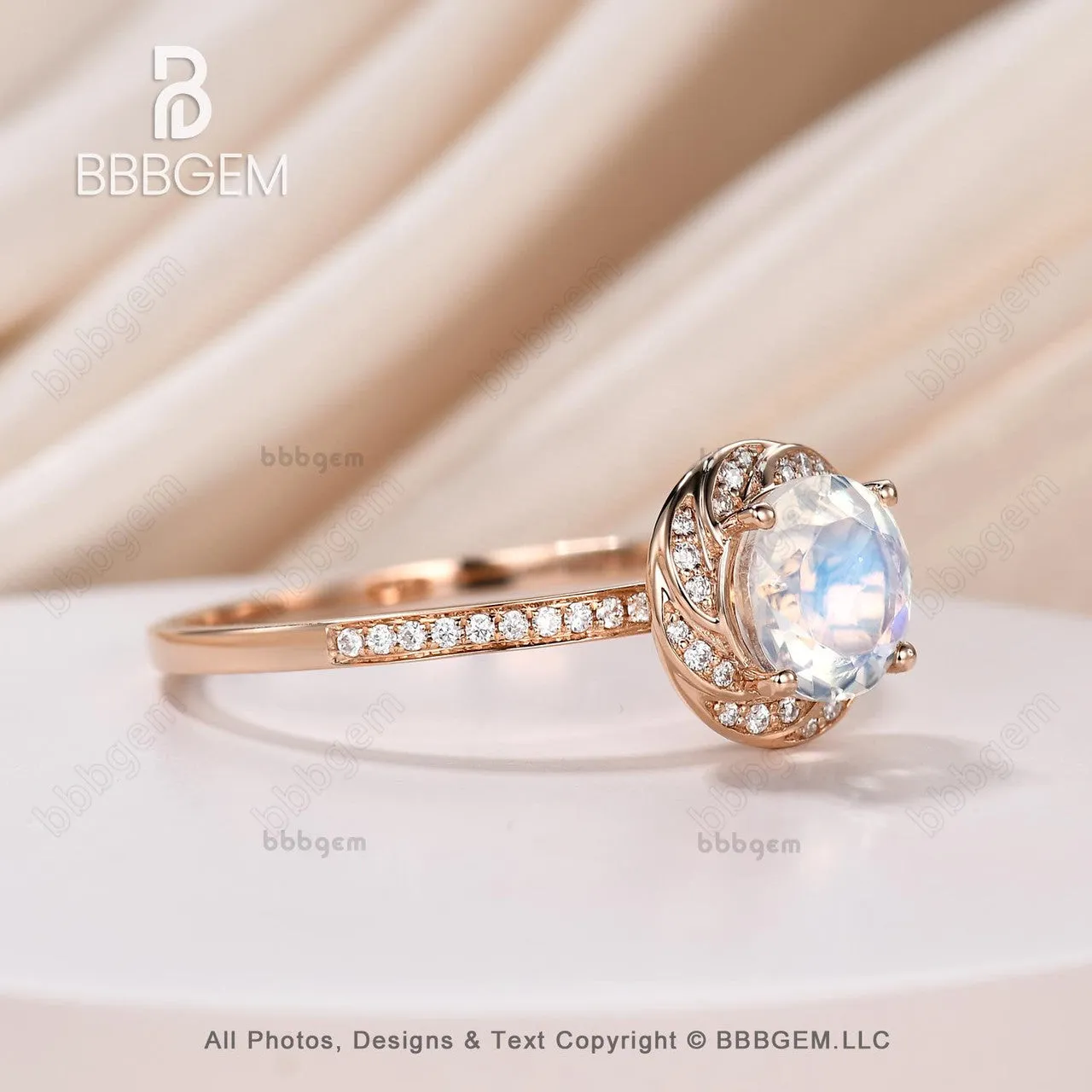 Rose Gold Natural Rainbow Moonstone Engagement Ring Halo Diamond Wedding Ring