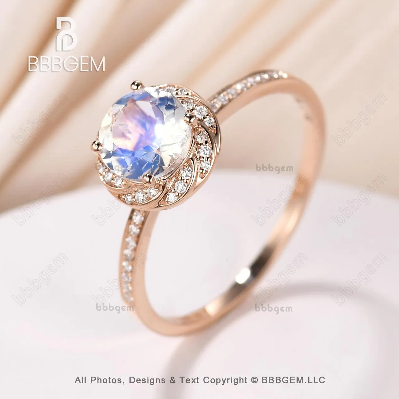 Rose Gold Natural Rainbow Moonstone Engagement Ring Halo Diamond Wedding Ring