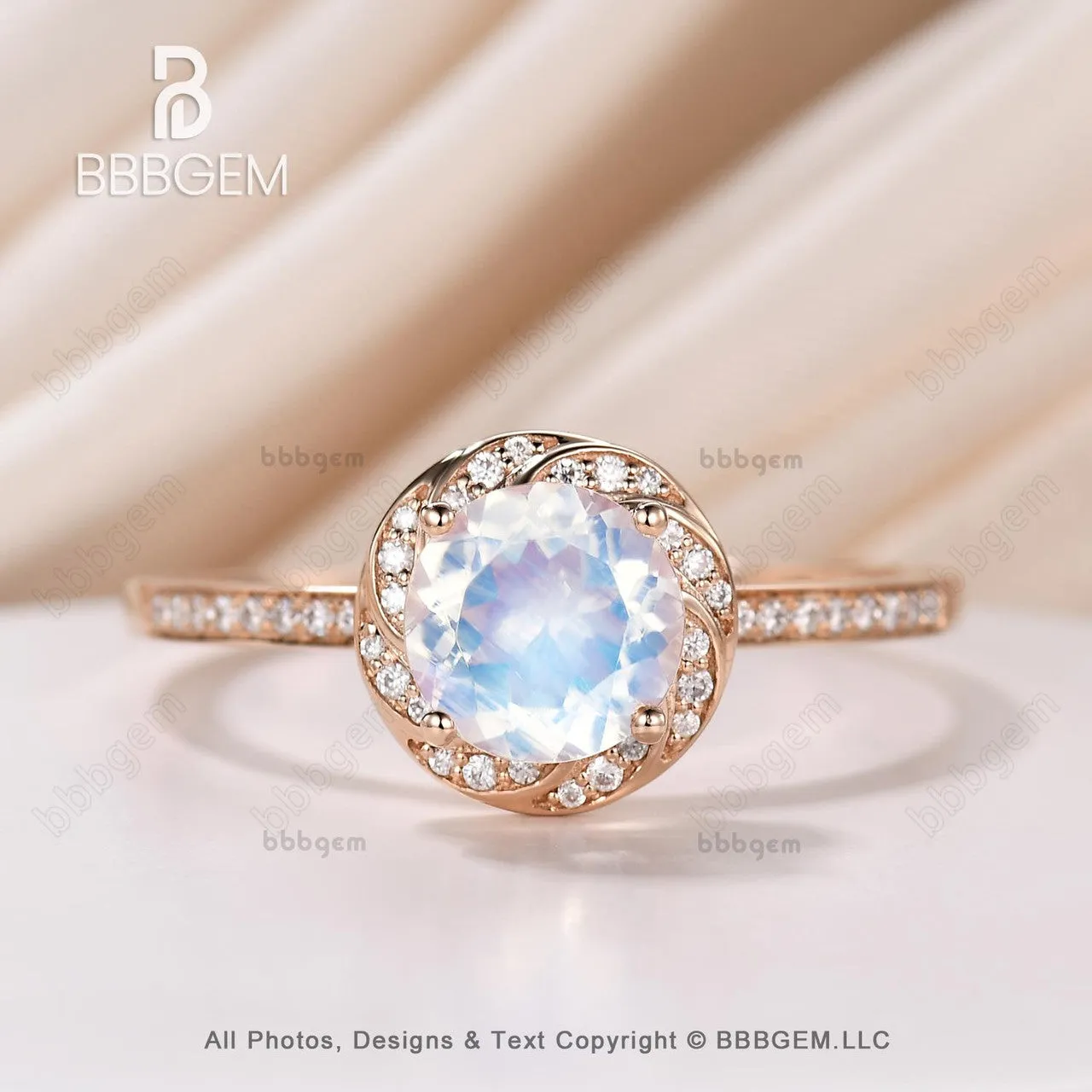 Rose Gold Natural Rainbow Moonstone Engagement Ring Halo Diamond Wedding Ring