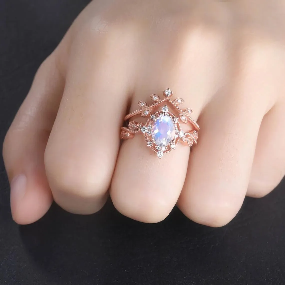 Rose Gold Oval Moonstone Engagement Ring Set Diamond Eternity Band Stacking Crown Ring June Birthstone