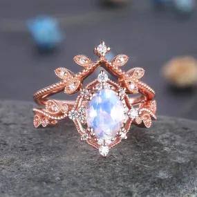 Rose Gold Oval Moonstone Engagement Ring Set Diamond Eternity Band Stacking Crown Ring June Birthstone