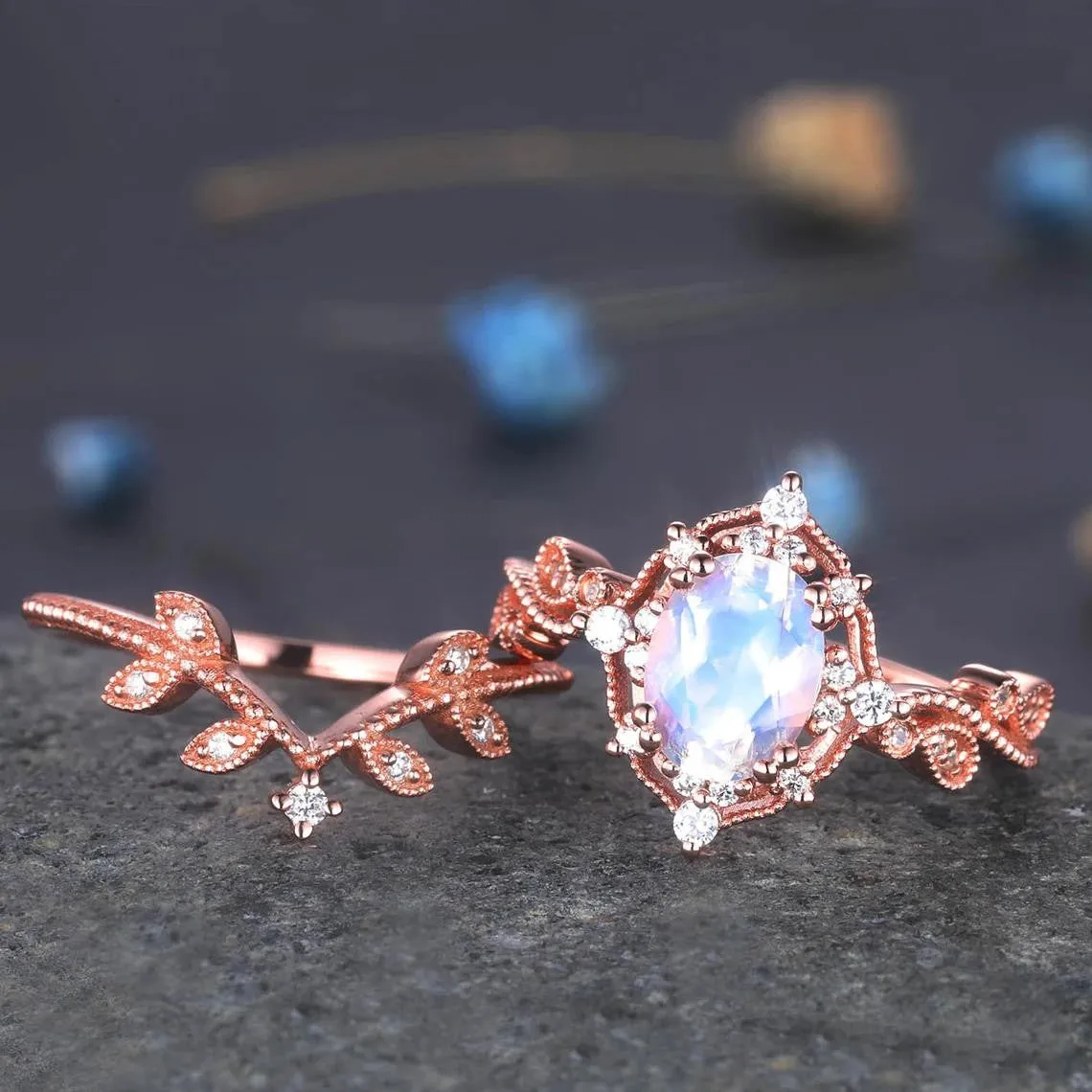 Rose Gold Oval Moonstone Engagement Ring Set Diamond Eternity Band Stacking Crown Ring June Birthstone