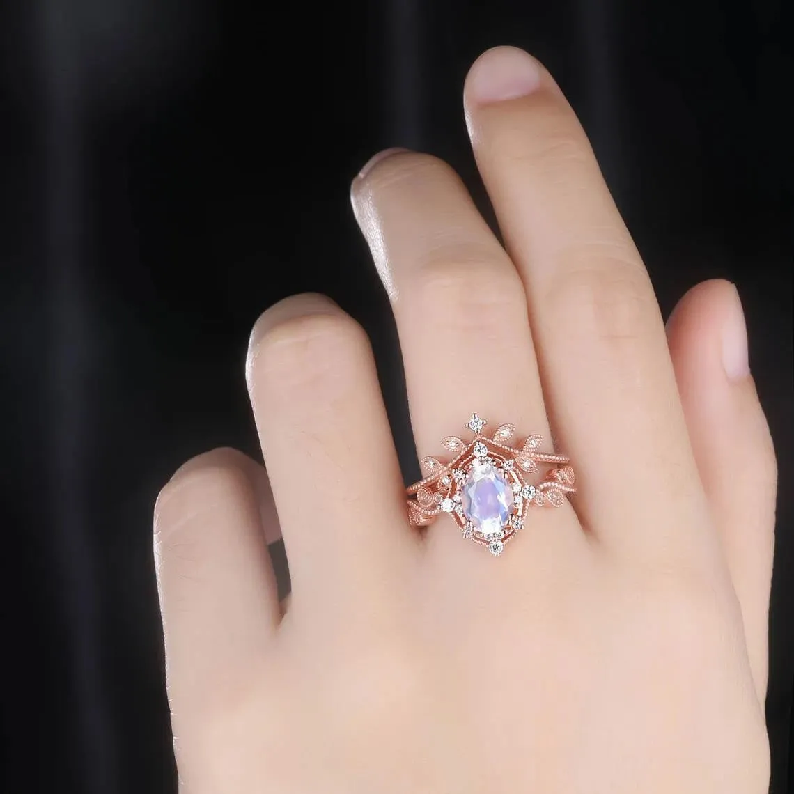 Rose Gold Oval Moonstone Engagement Ring Set Diamond Eternity Band Stacking Crown Ring June Birthstone