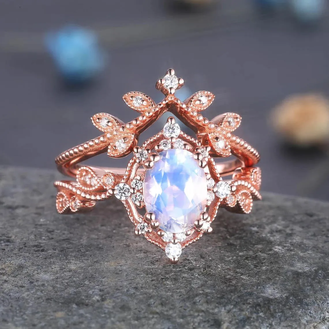 Rose Gold Oval Moonstone Engagement Ring Set Diamond Eternity Band Stacking Crown Ring June Birthstone