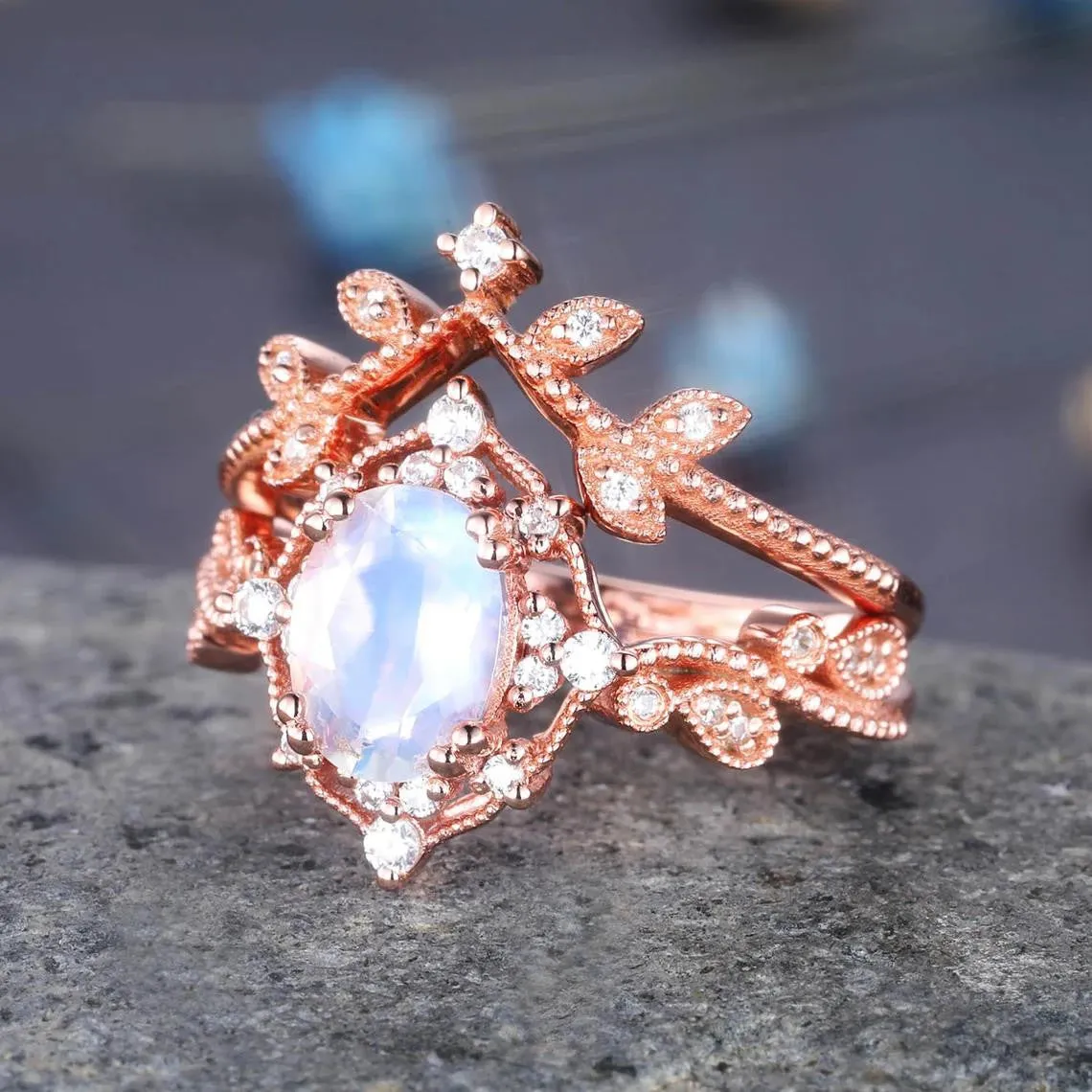 Rose Gold Oval Moonstone Engagement Ring Set Diamond Eternity Band Stacking Crown Ring June Birthstone