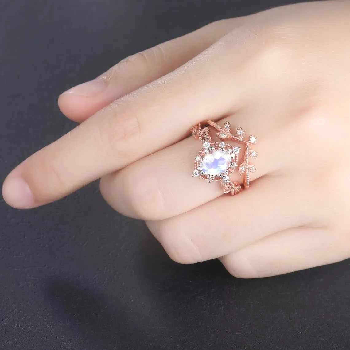 Rose Gold Oval Moonstone Engagement Ring Set Diamond Eternity Band Stacking Crown Ring June Birthstone