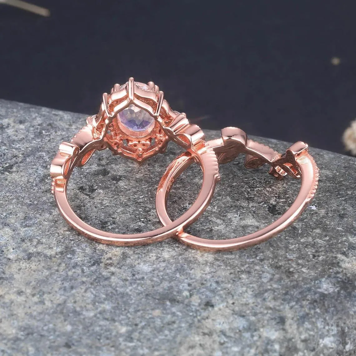 Rose Gold Oval Moonstone Engagement Ring Set Diamond Eternity Band Stacking Crown Ring June Birthstone