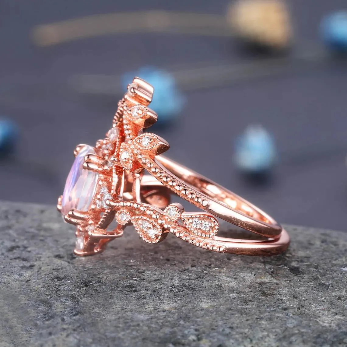 Rose Gold Oval Moonstone Engagement Ring Set Diamond Eternity Band Stacking Crown Ring June Birthstone
