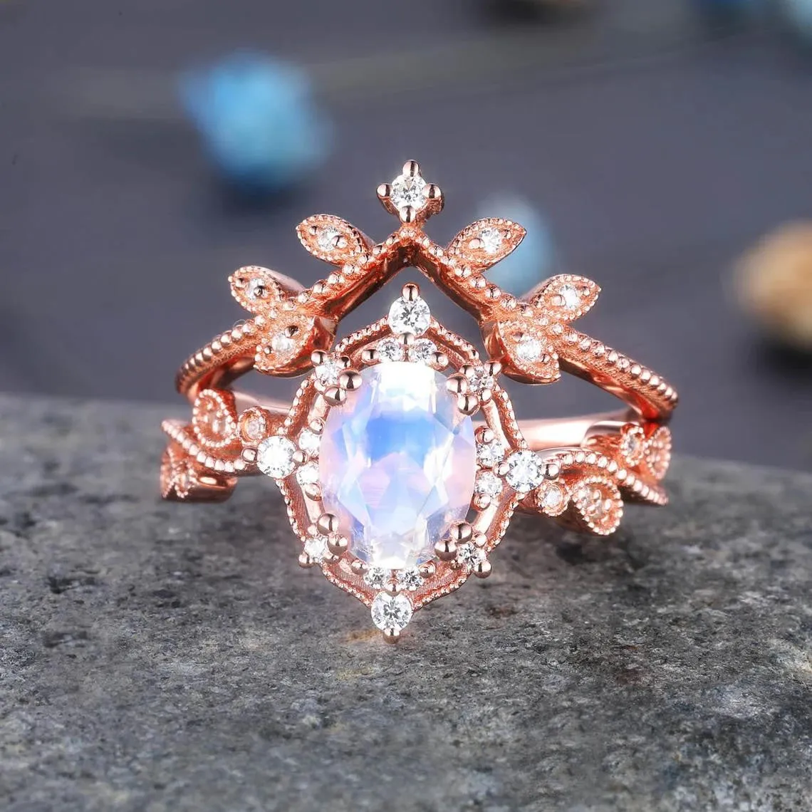 Rose Gold Oval Moonstone Engagement Ring Set Diamond Eternity Band Stacking Crown Ring June Birthstone