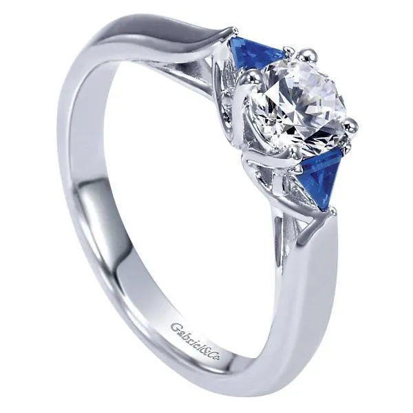 Round Diamond Ring With Trillion Sapphires 1/2ct 14K