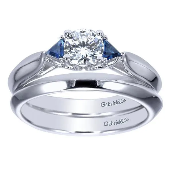 Round Diamond Ring With Trillion Sapphires 1/2ct 14K