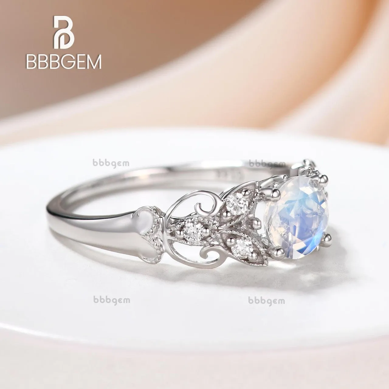 Round Moonstone Engagement Ring White Gold Diamond Floral Eternity Band Gift For Her
